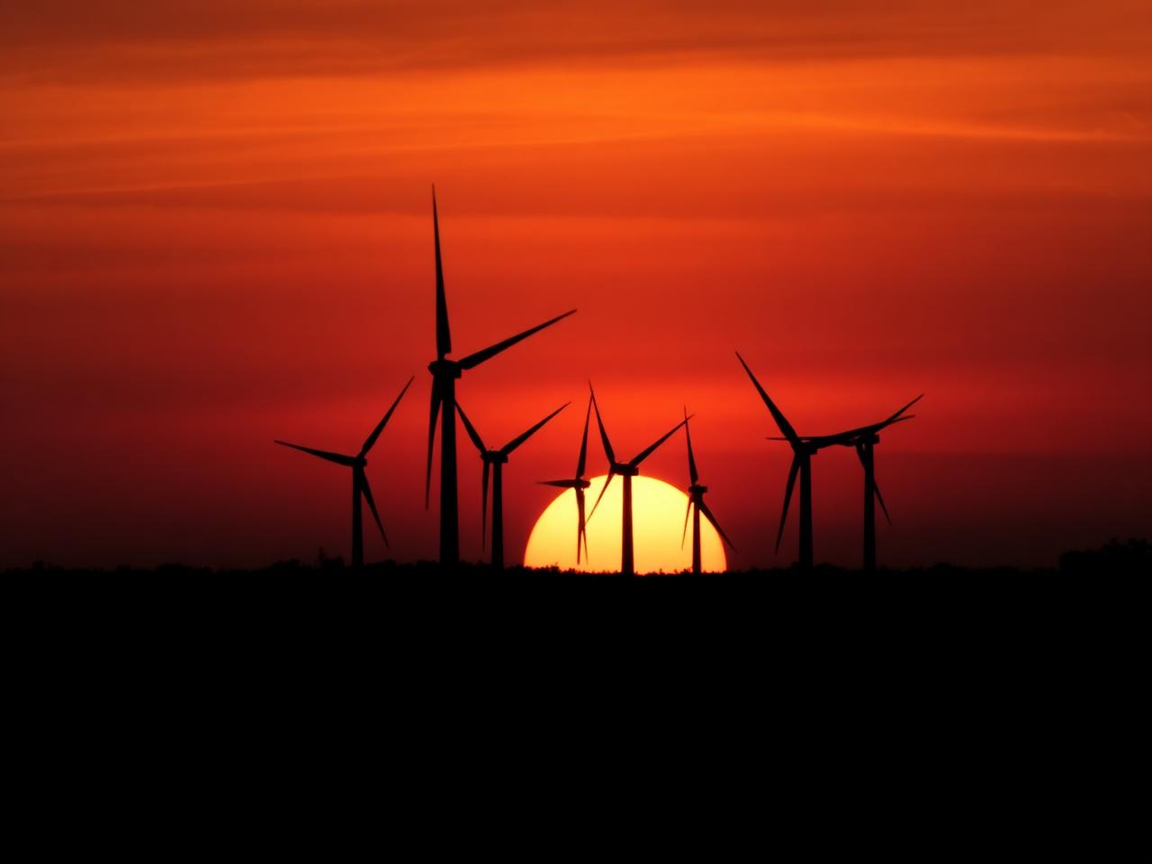 Wind turbines silhouetted at sunset