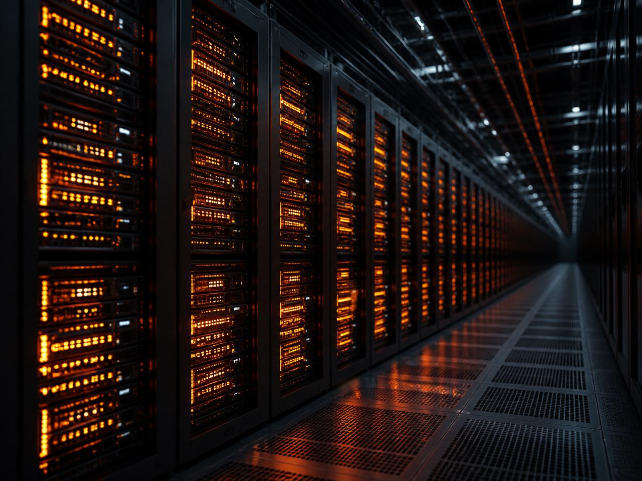 Data center server racks with amber indicator lights