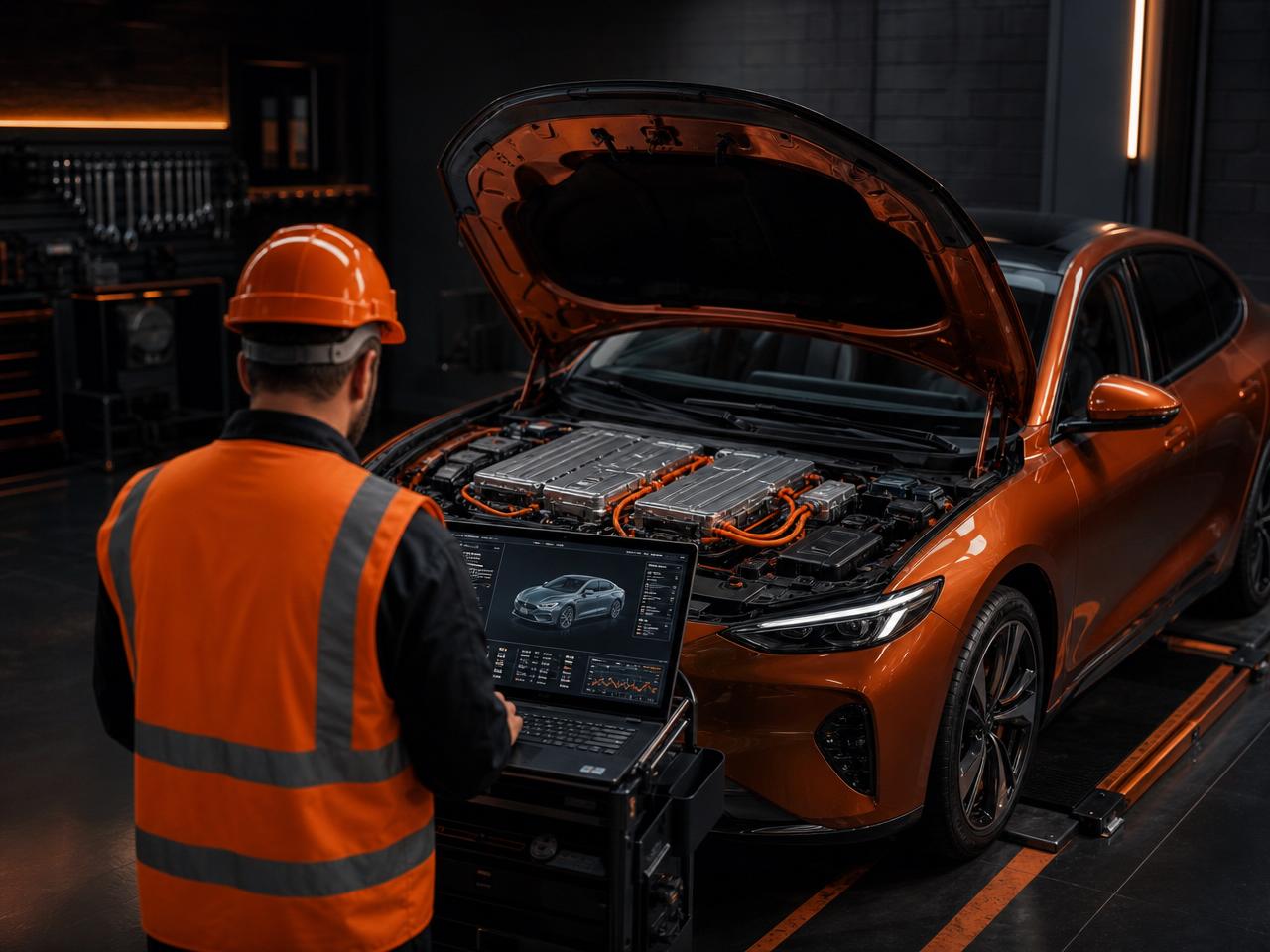 Technician diagnosing an orange EV with the hood open in a high-tech service bay